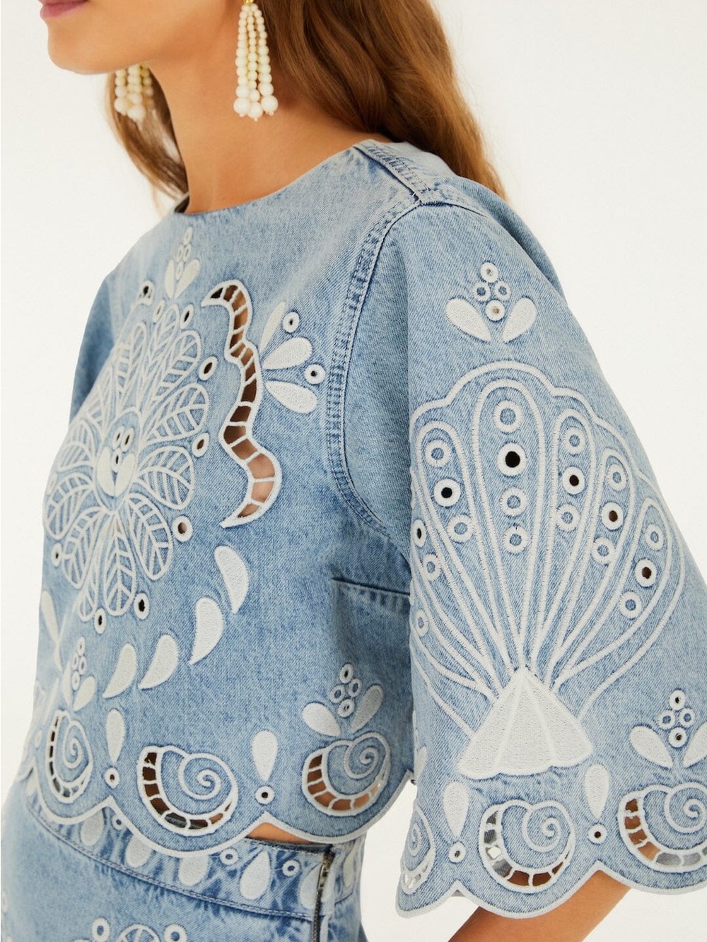 💙 FARM Rio Denim Richelieu Cropped Blouse – NWT – Size Large - Picture 5 of 6